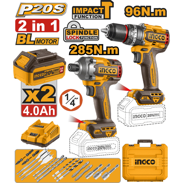 CORDLESS BRUSHLESS IMPACT DRILL AND DRIVER 2PCS COMBO KIT INGCO