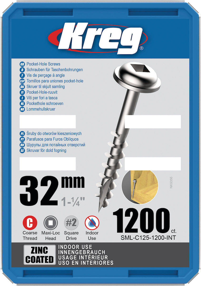 POCKET HOLE SCREWS 32MM ZINC COATED MAXI-LOC COARSE THREAD KREG 1200PCS