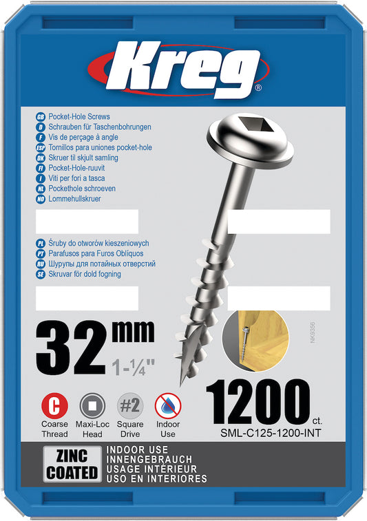POCKET HOLE SCREWS 32MM ZINC COATED MAXI-LOC COARSE THREAD KREG 1200PCS