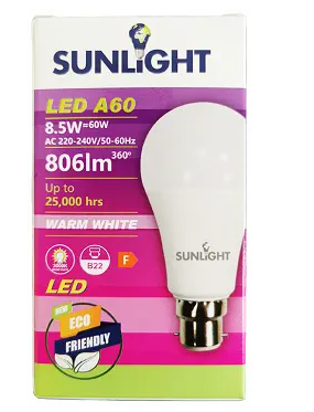 SUNLIGHT LED 8.5W A60 LAMP B22 806LM 3000K FROSTED