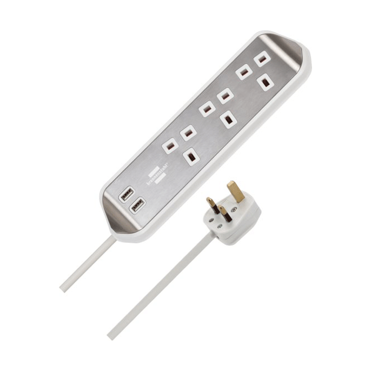 BRENNENSTUHL CORNER EXTENSION LEAD 3 WAY-2 USB WHITE/SILVER