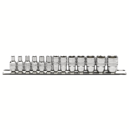 METRIC SOCKETS ON METAL RAIL 1/4" SET 13PCS