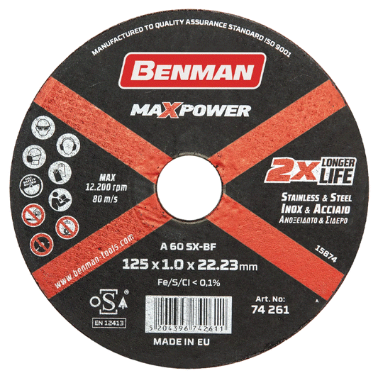 CUTTING DISC MAXPOWER FOR ΙΝΟΧ 125X1MM BENMAN